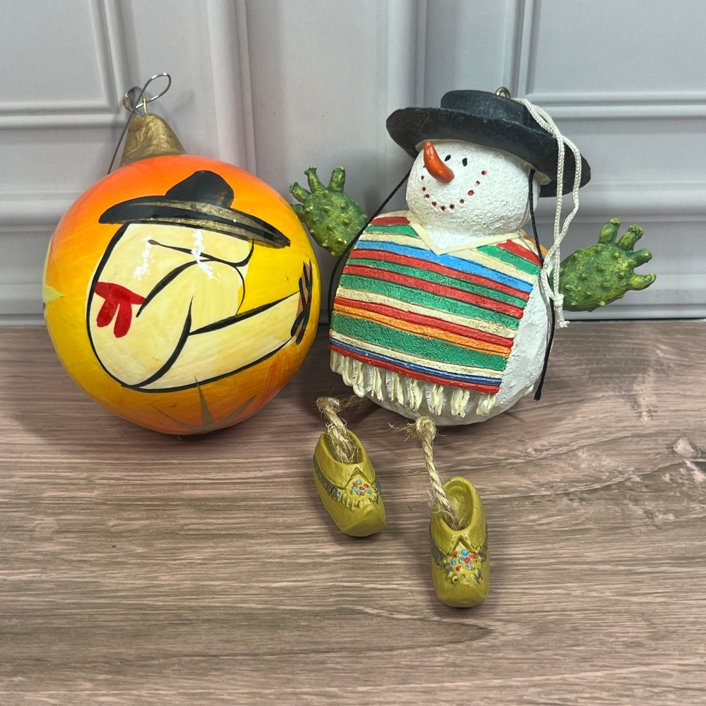 VTG‎ 2000 Figi Southwestern Dude Snowman & Los Cinco Soles Mexican Ornament Set